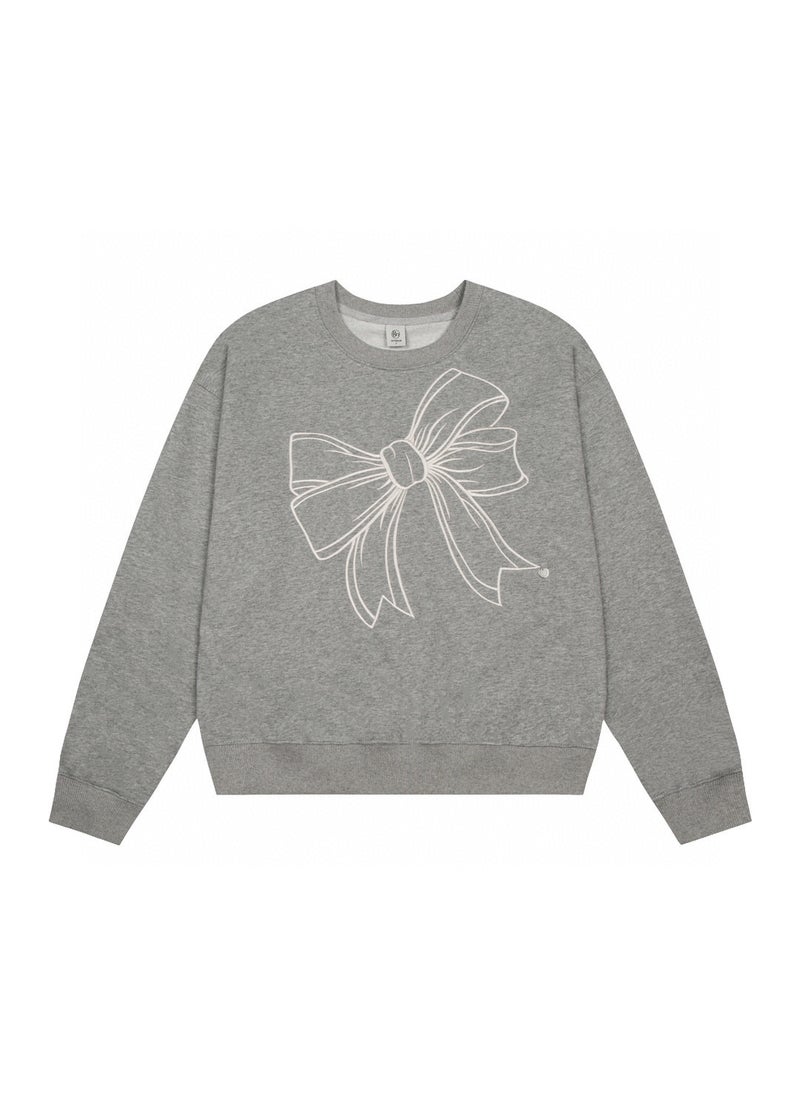 Trendy Korean Brand RONRON Womens Sweatshirt Bow Round Neck Embroidery Letter Loose Fit Hooded Jacket Thick Winter Style Gray embroidered bow