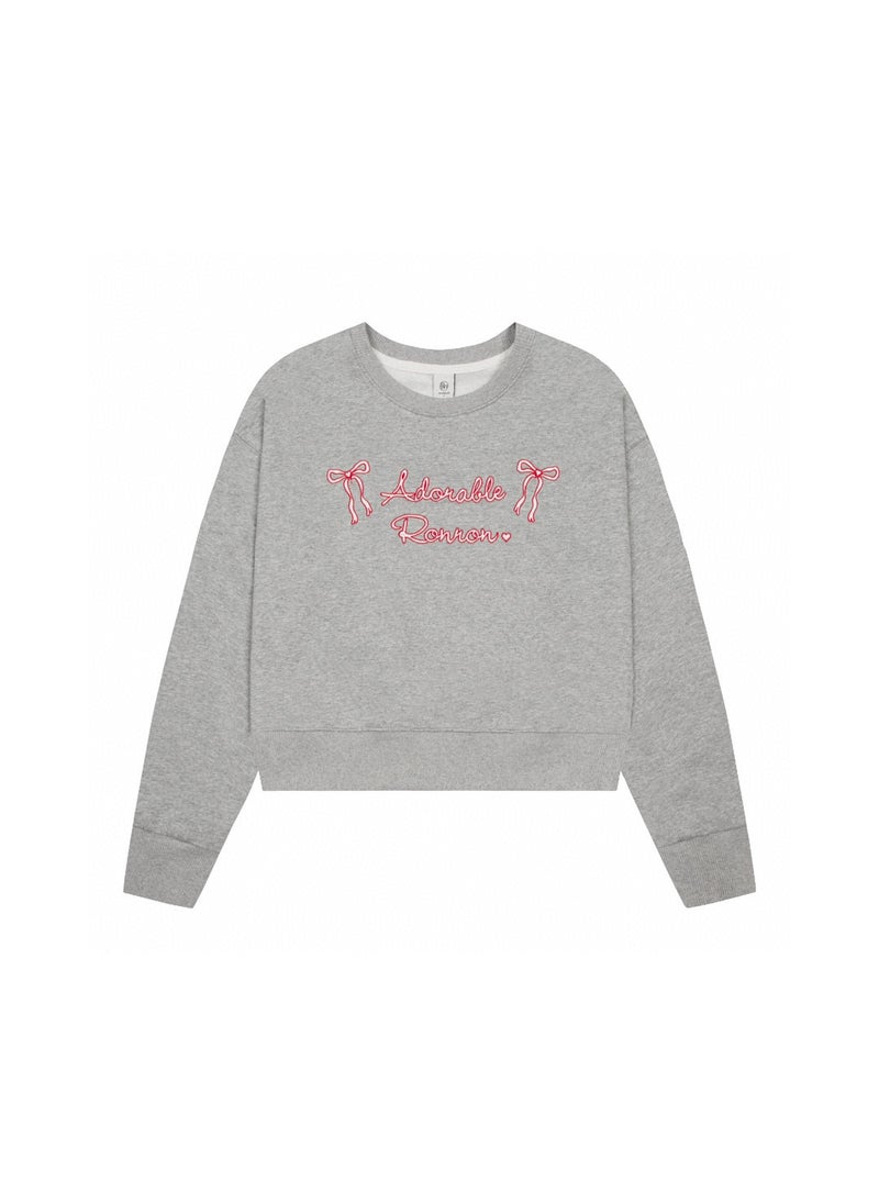 Trendy Korean Brand RONRON Womens Sweatshirt Bow Round Neck Embroidery Letter Loose Fit Hooded Jacket Thick Winter Style Gray round neck bow