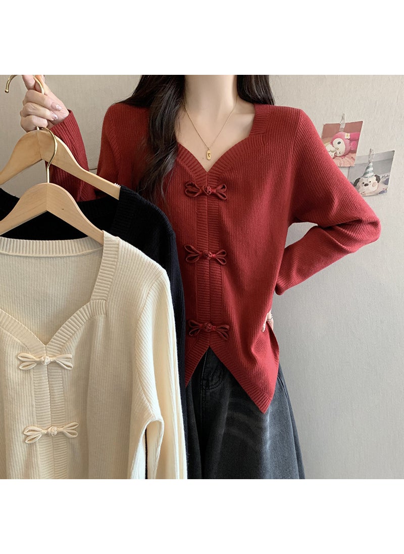 Spring Knitted Sweater Womens plus Size Warm Fashionable New Chinese Style Long Sleeve Open Cardigan Comfortable Regular Fit 71239 red