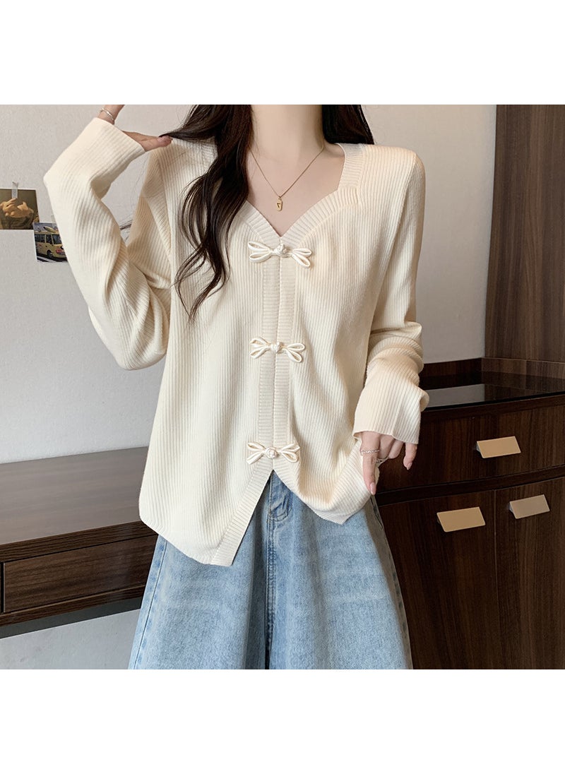 Spring Knitted Sweater Womens plus Size Warm Fashionable New Chinese Style Long Sleeve Open Cardigan Comfortable Regular Fit 71239 apricot