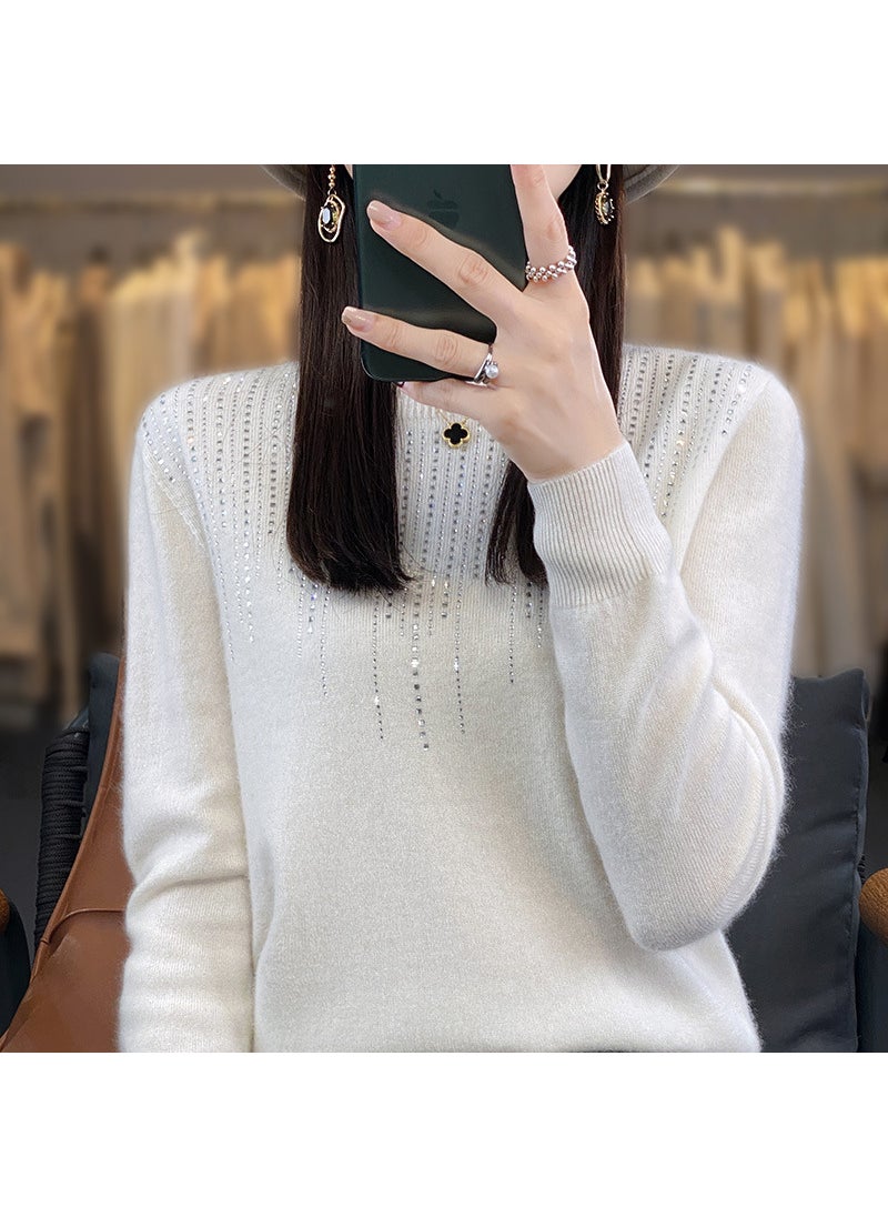 Womens Autumn/Winter Knit Sweater Round Neck Seamless Base Layer Top Stylish Diamond-Embellished Crew Neck Pullover Ivory white