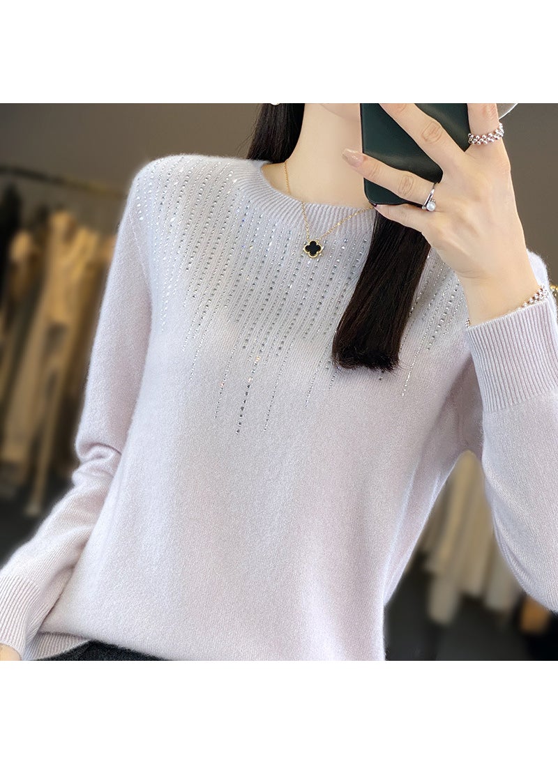 Womens Autumn/Winter Knit Sweater Round Neck Seamless Base Layer Top Stylish Diamond-Embellished Crew Neck Pullover Raspberry red