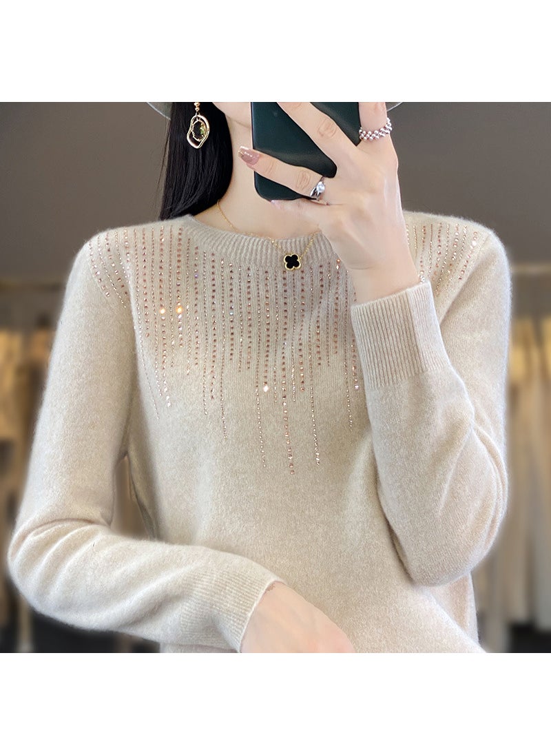 Womens Autumn/Winter Knit Sweater Round Neck Seamless Base Layer Top Stylish Diamond-Embellished Crew Neck Pullover Raspberry red