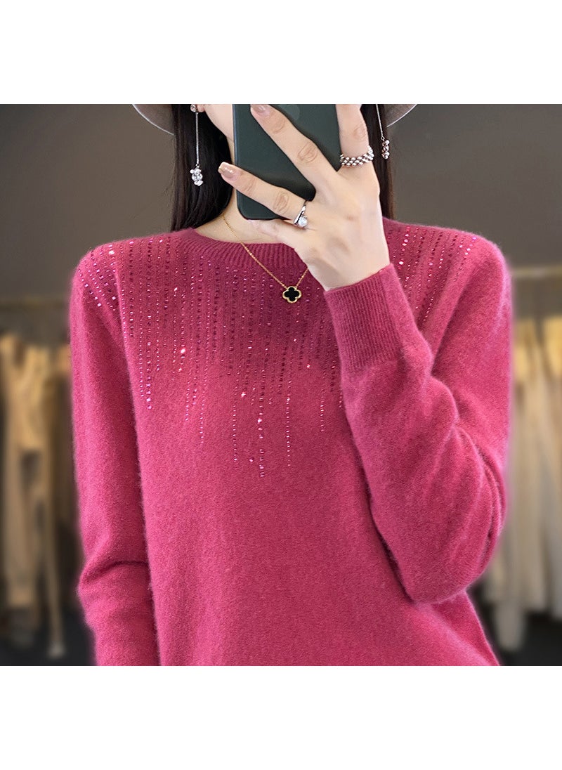 Womens Autumn/Winter Knit Sweater Round Neck Seamless Base Layer Top Stylish Diamond-Embellished Crew Neck Pullover Raspberry red
