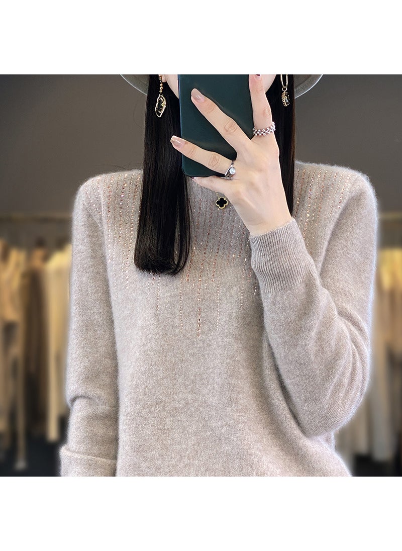Womens Autumn/Winter Knit Sweater Round Neck Seamless Base Layer Top Stylish Diamond-Embellished Crew Neck Pullover Raspberry red