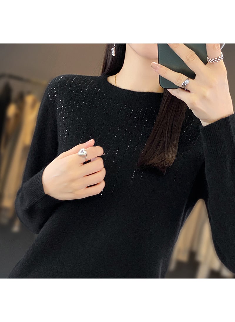 Womens Autumn/Winter Knit Sweater Round Neck Seamless Base Layer Top Stylish Diamond-Embellished Crew Neck Pullover Raspberry red
