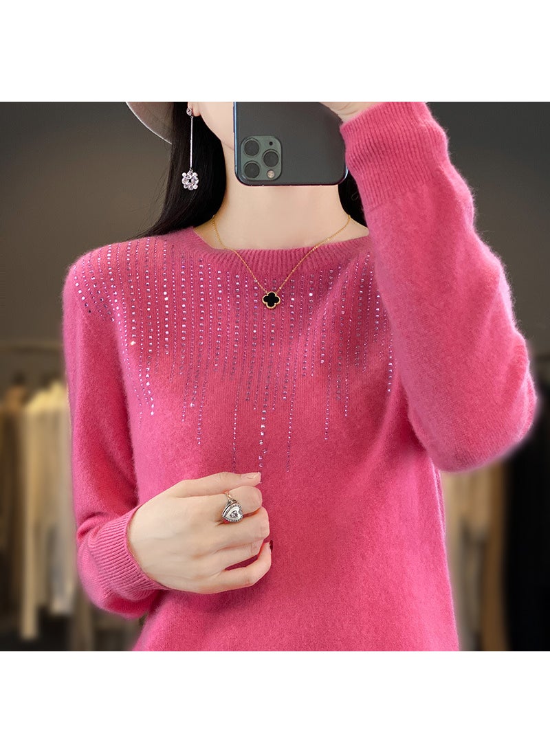 Womens Autumn/Winter Knit Sweater Round Neck Seamless Base Layer Top Stylish Diamond-Embellished Crew Neck Pullover Raspberry red