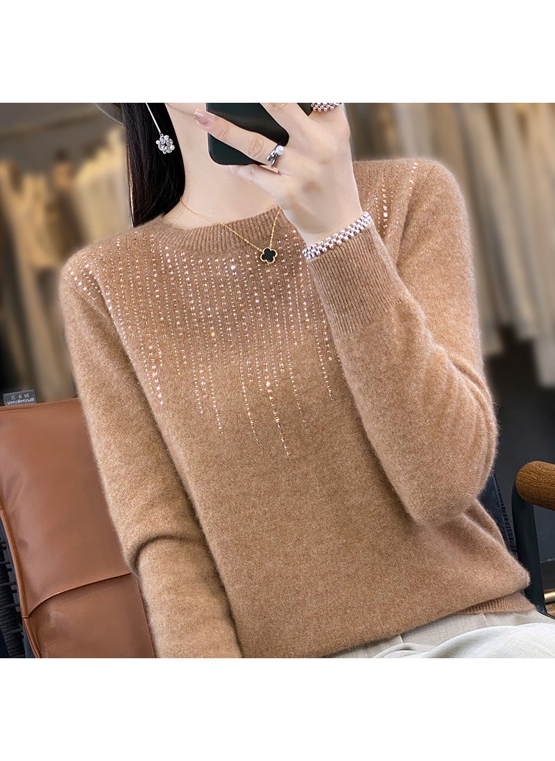 Womens Autumn/Winter Knit Sweater Round Neck Seamless Base Layer Top Stylish Diamond-Embellished Crew Neck Pullover Raspberry red