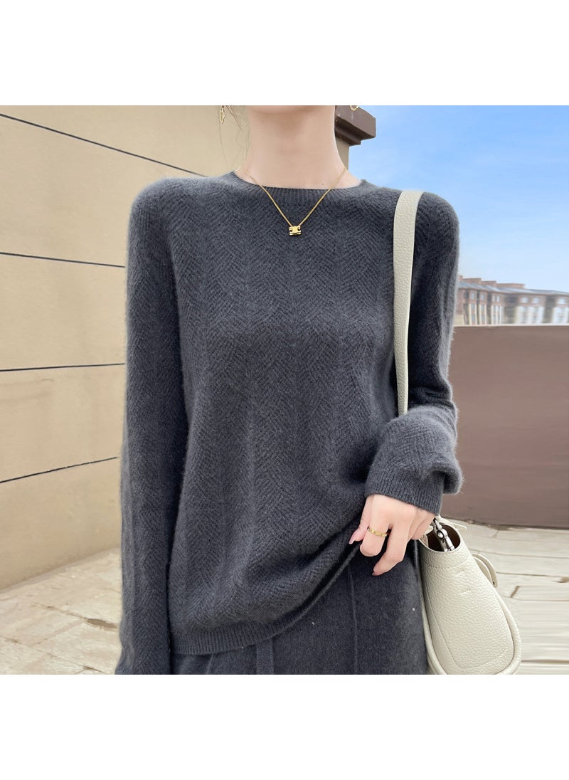 Womens New Style Round Neck Pullover Sweater 100% Wool Solid Color Knitted Base Layer Top Thick Thin For Winter And Spring Elephant gray