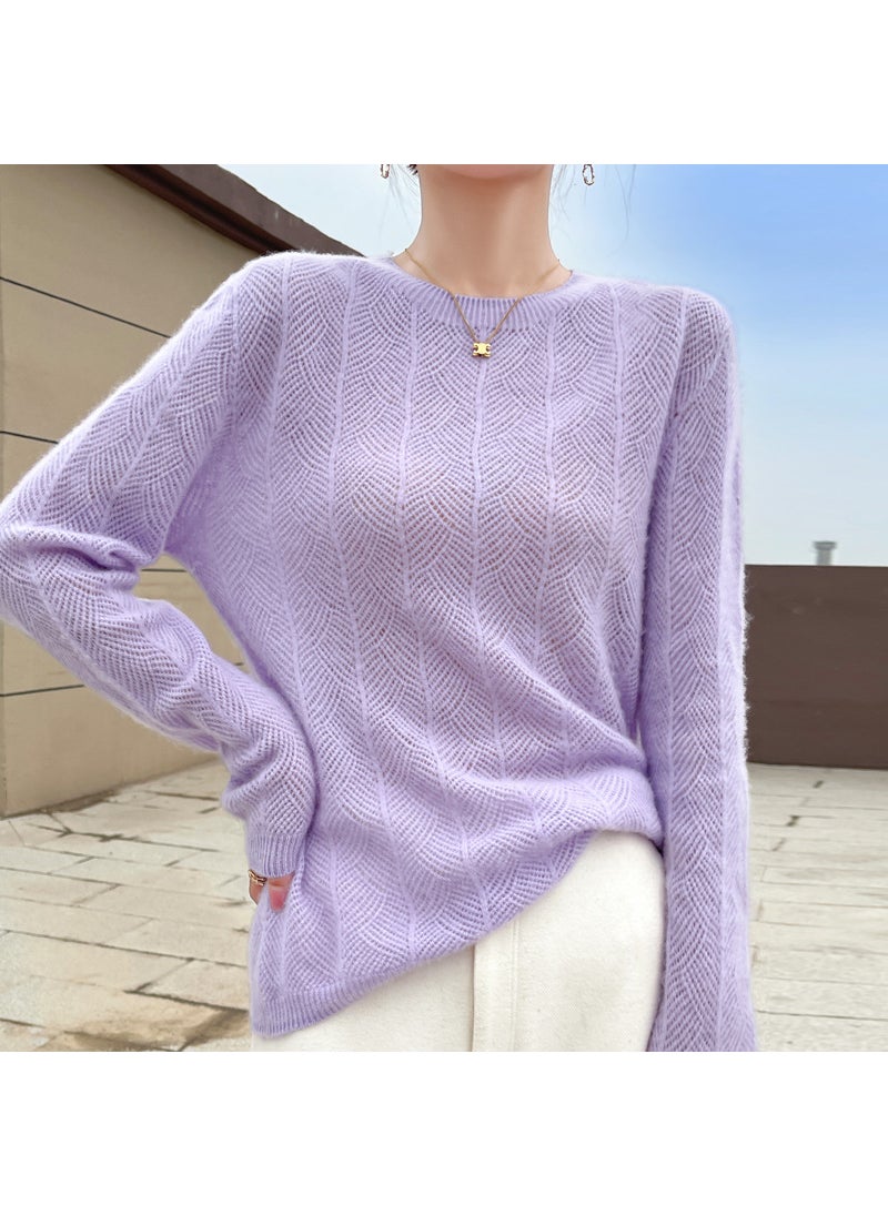 Womens New Style Round Neck Pullover Sweater 100% Wool Solid Color Knitted Base Layer Top Thick Thin For Winter And Spring Light purple
