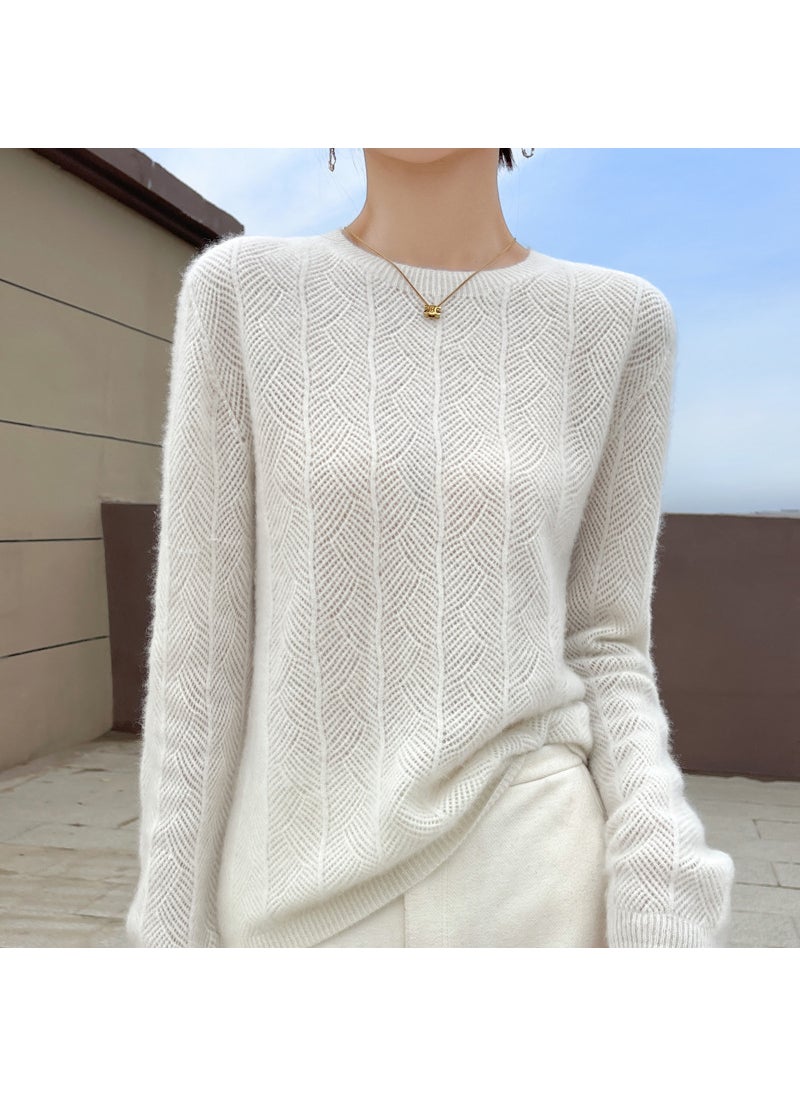Womens New Style Round Neck Pullover Sweater 100% Wool Solid Color Knitted Base Layer Top Thick Thin For Winter And Spring White