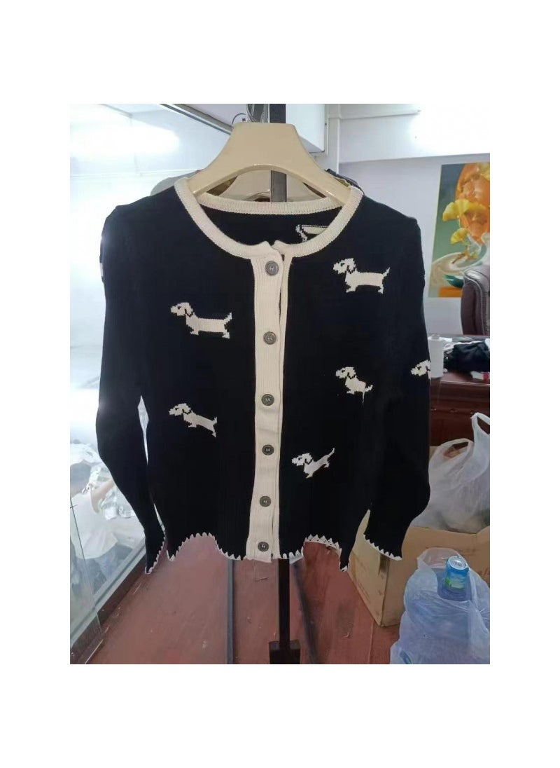 Preppy Style Spring Autumn New Animal Dog Pattern Knitted Cardigan Long Sleeve Hollow Color Blocking Womens Jacket black