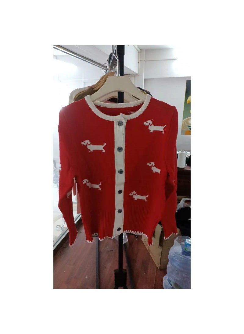 Preppy Style Spring Autumn New Animal Dog Pattern Knitted Cardigan Long Sleeve Hollow Color Blocking Womens Jacket black