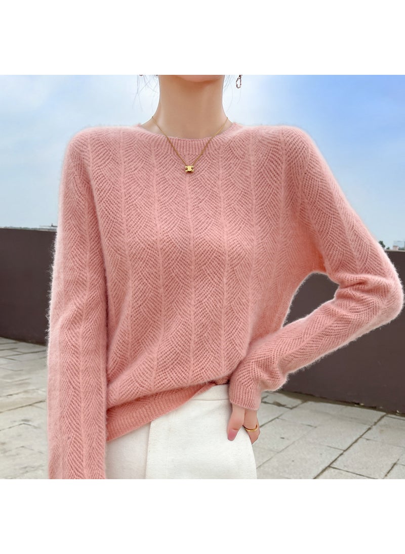 Womens New Style Round Neck Pullover Sweater 100% Wool Solid Color Knitted Base Layer Top Thick Thin For Winter And Spring Pink