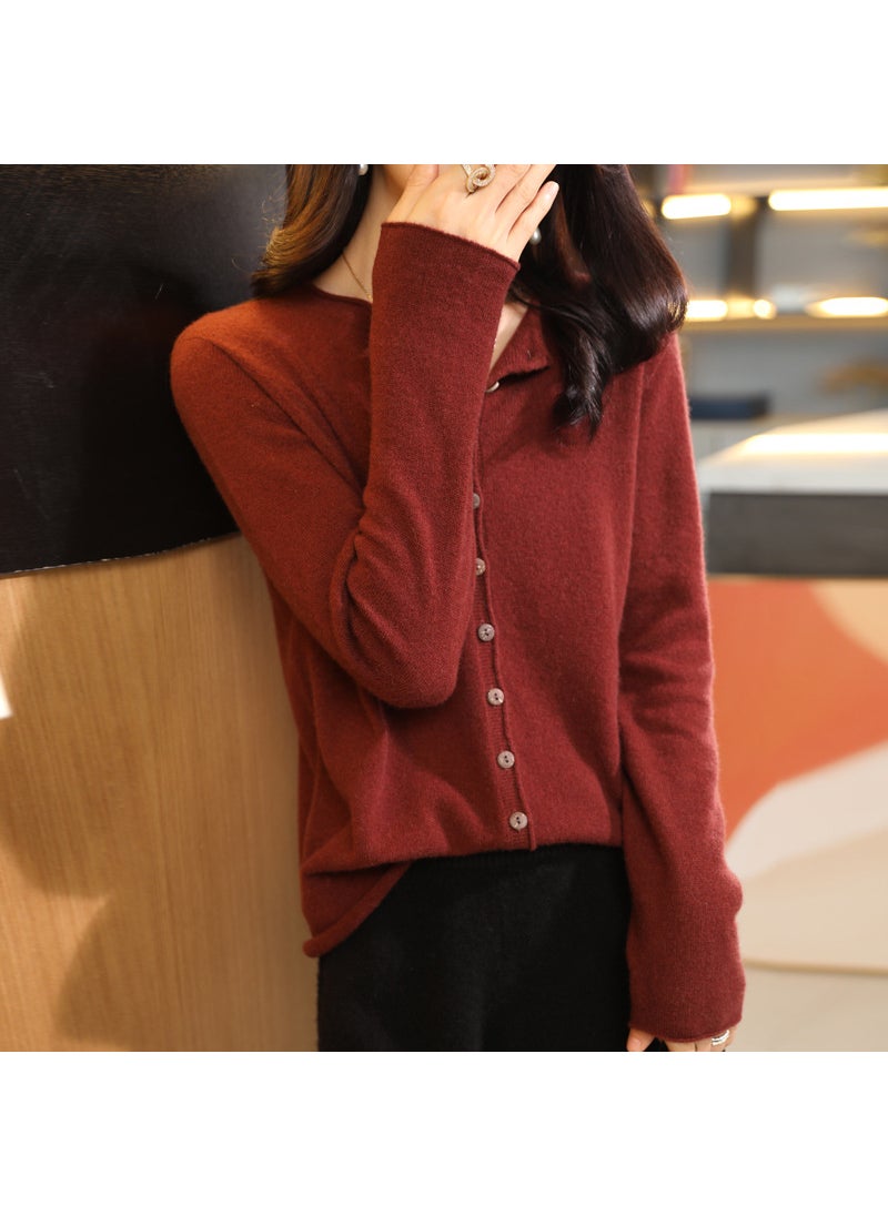 Luxurious Autumn/winter 100% Pure Wool Sweater Womens Half-high Collar Cardigan Knitted Long Sleeve Base Layer Top Sauce red