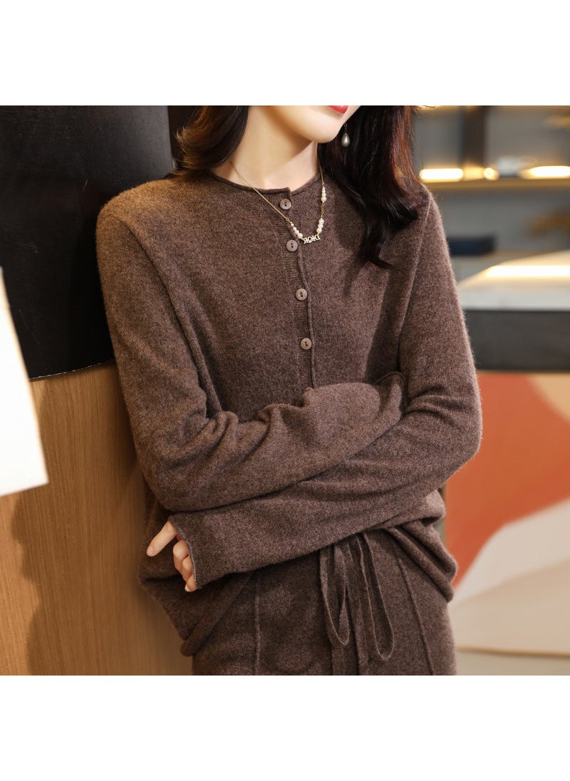 Luxurious Autumn/winter 100% Pure Wool Sweater Womens Half-high Collar Cardigan Knitted Long Sleeve Base Layer Top Mocha