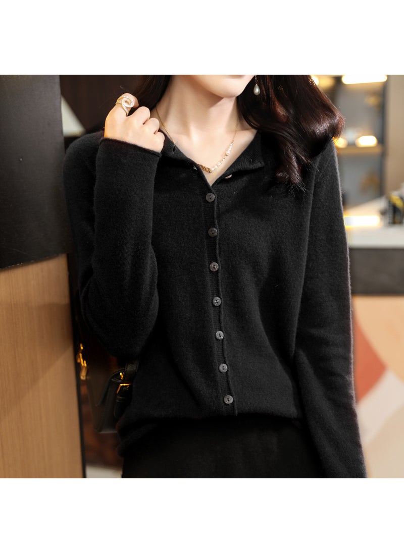 Luxurious Autumn/winter 100% Pure Wool Sweater Womens Half-high Collar Cardigan Knitted Long Sleeve Base Layer Top Black