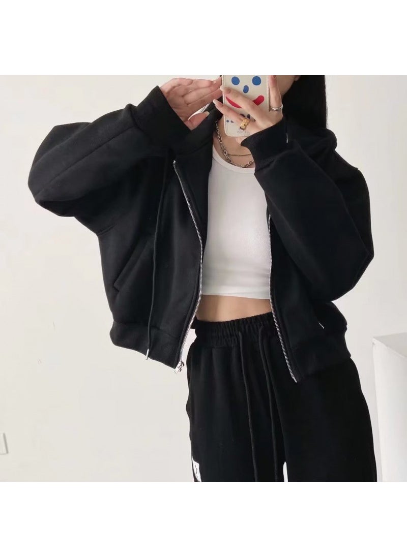 2023 New Womens American Style Fleece-Lined Thickened Hooded Jacket Loose-Fit Cropped Zip-Up Cardigan Sweatshirt Autumn/Winter Black