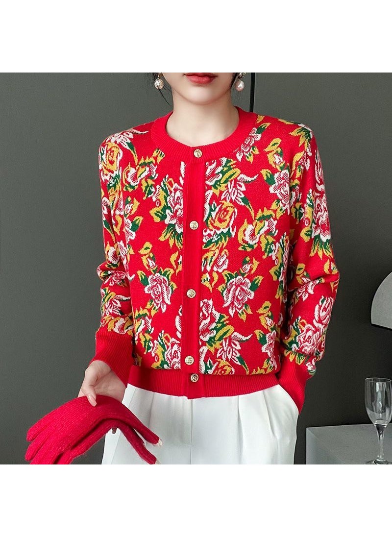 2025 New Womens Knitted Top Northeast Big Flower National Style Peony Happy Red Cardigan Small Jacket For Birthday Celebration Red