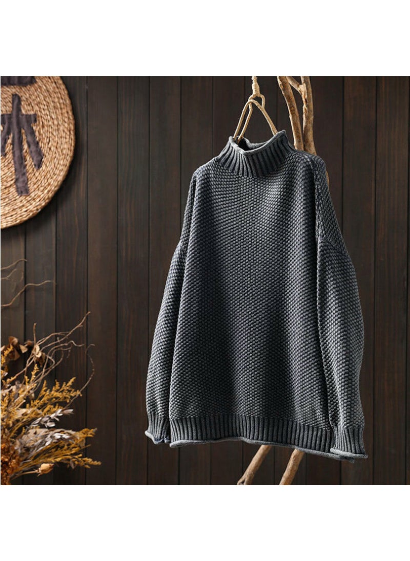 ArtisticVintage Womens Half-Polo Turtle Neck Sweater Loose-Fit Large Board Type 2024 Autumn/Winter Casual Pullover Knit Base La Gray