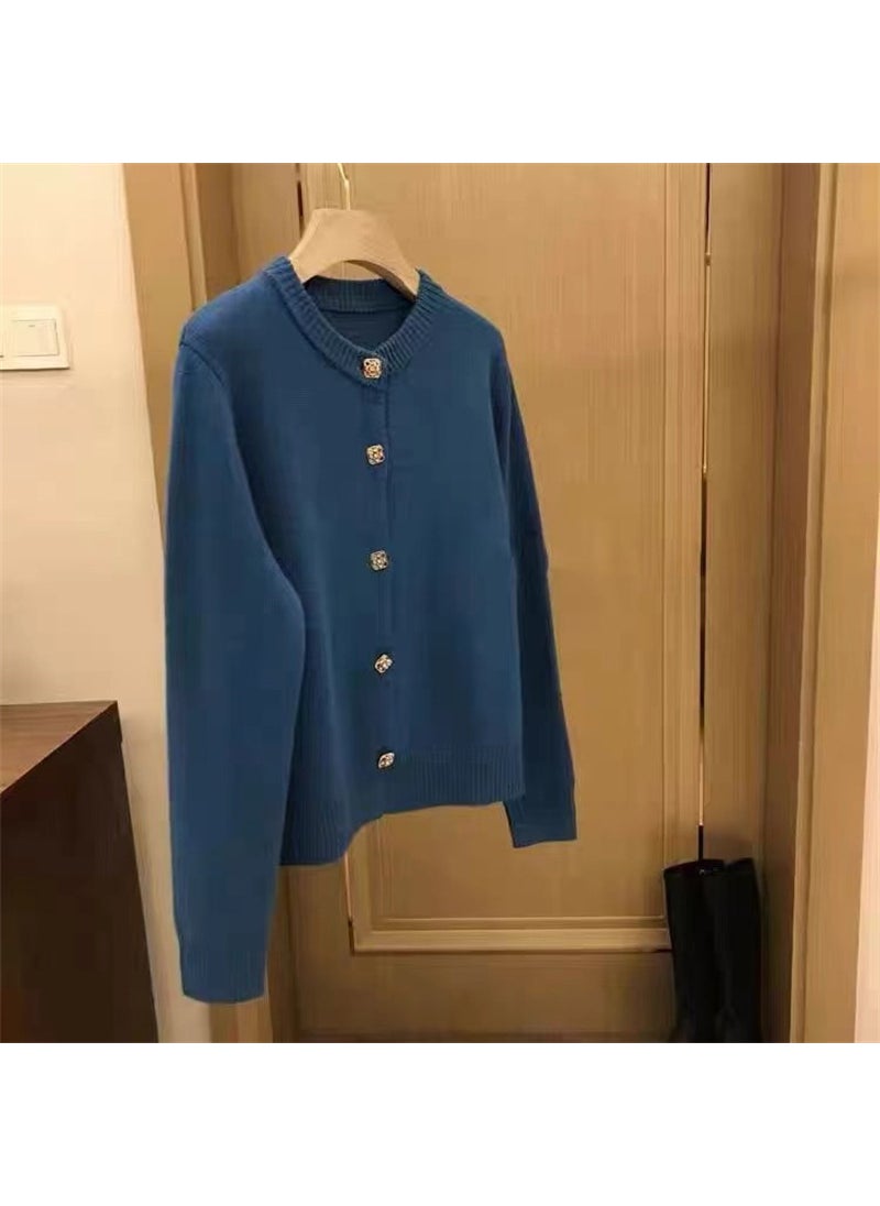 2024 Autumn New Style Womens Knitted Cardigan Loose Fit Versatile Colored Button Soft And Supple Cropped Jacket Round Neck Blue