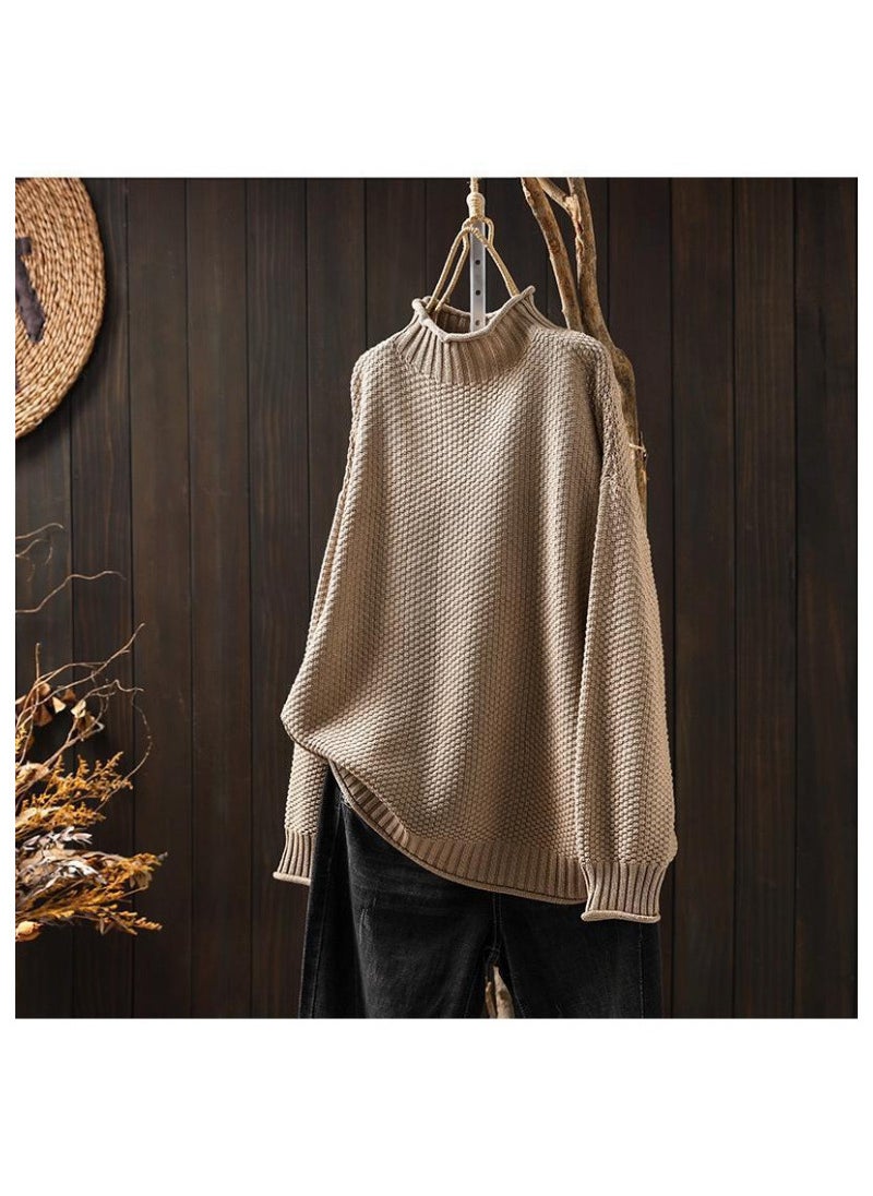 ArtisticVintage Womens Half-Polo Turtle Neck Sweater Loose-Fit Large Board Type 2024 Autumn/Winter Casual Pullover Knit Base La Khaki