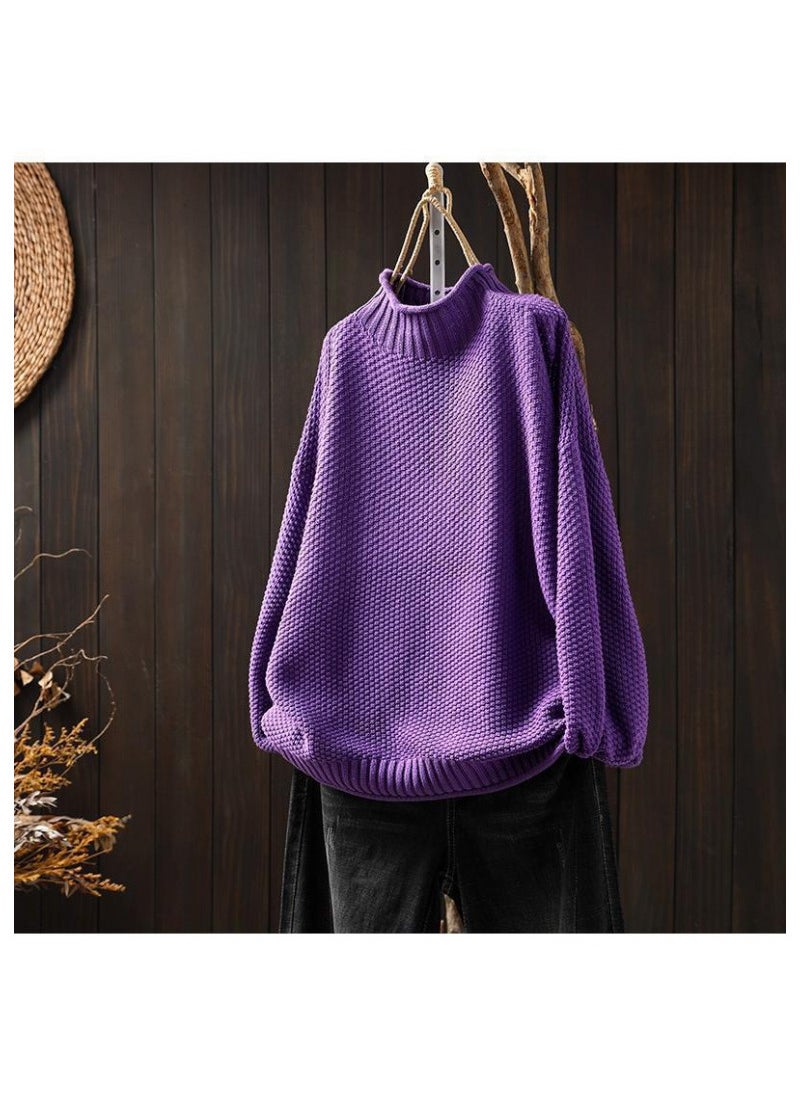 ArtisticVintage Womens Half-Polo Turtle Neck Sweater Loose-Fit Large Board Type 2024 Autumn/Winter Casual Pullover Knit Base La Purple