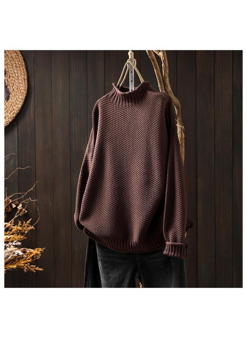 ArtisticVintage Womens Half-Polo Turtle Neck Sweater Loose-Fit Large Board Type 2024 Autumn/Winter Casual Pullover Knit Base La Brown