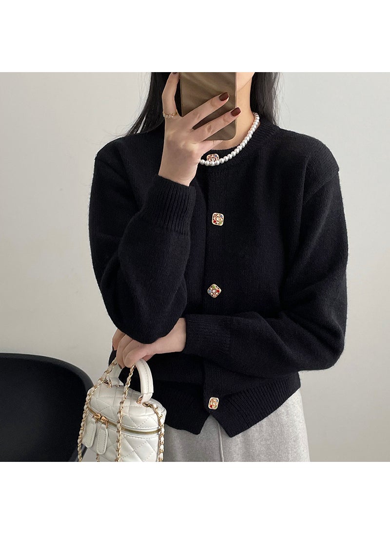 2024 Autumn New Style Womens Knitted Cardigan Loose Fit Versatile Colored Button Soft And Supple Cropped Jacket Round Neck Black