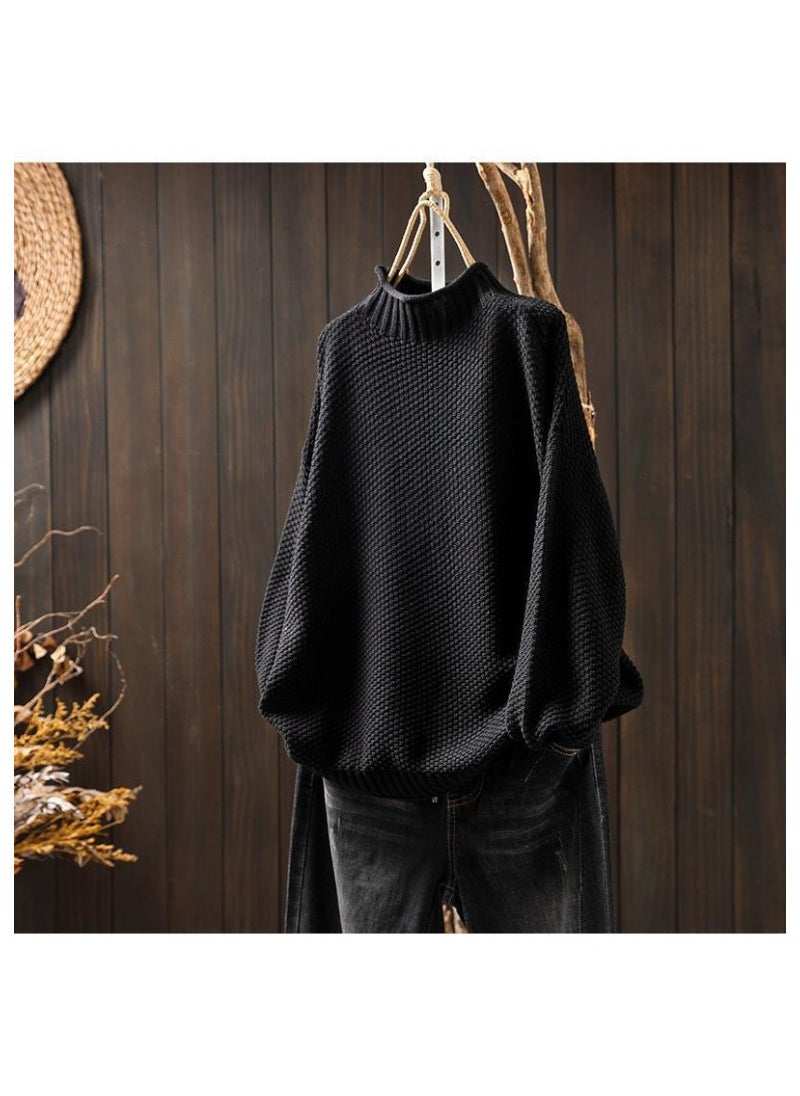 ArtisticVintage Womens Half-Polo Turtle Neck Sweater Loose-Fit Large Board Type 2024 Autumn/Winter Casual Pullover Knit Base La Black