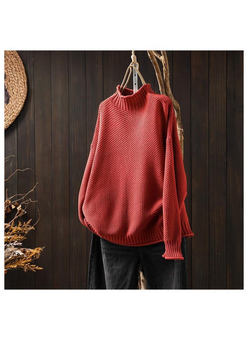 ArtisticVintage Womens Half-Polo Turtle Neck Sweater Loose-Fit Large Board Type 2024 Autumn/Winter Casual Pullover Knit Base La Red