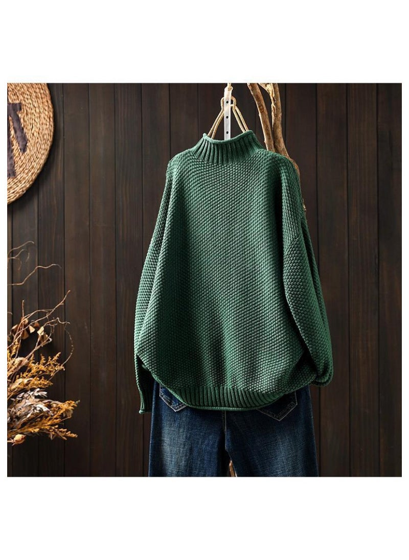 ArtisticVintage Womens Half-Polo Turtle Neck Sweater Loose-Fit Large Board Type 2024 Autumn/Winter Casual Pullover Knit Base La Green