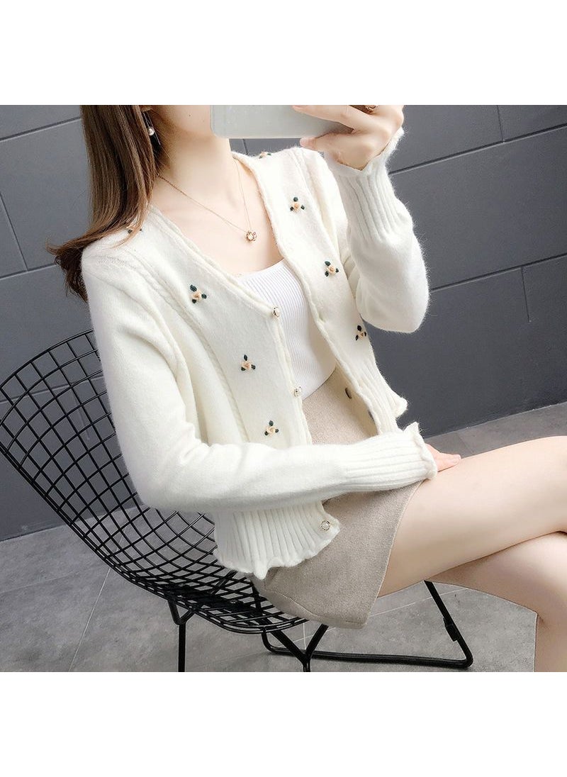 Stylish Knitted Cardigan Sweater Womens Cropped Top Jacket For Spring Autumn Fashionable New Early Autumn Collection Beige White small flower