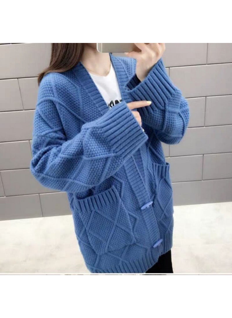 Oversized Korean Cardigan Knitwear Thick Cable-Knit Blue