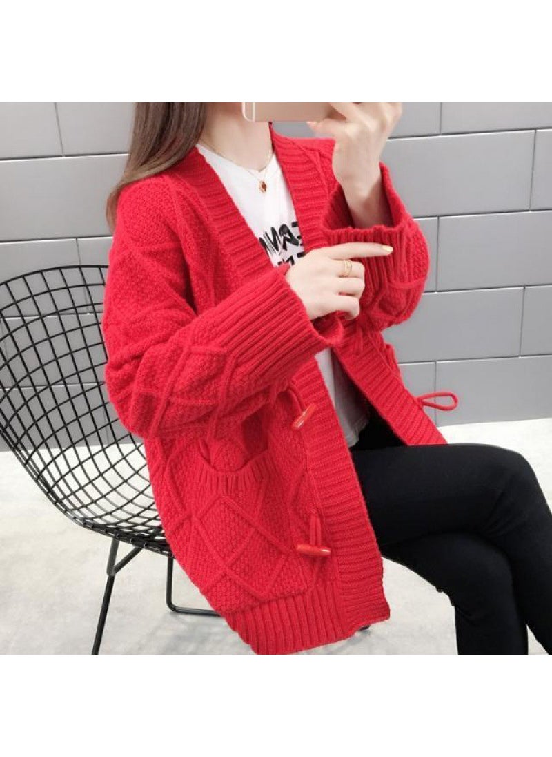 Oversized Korean Cardigan Knitwear Thick Cable-Knit Red