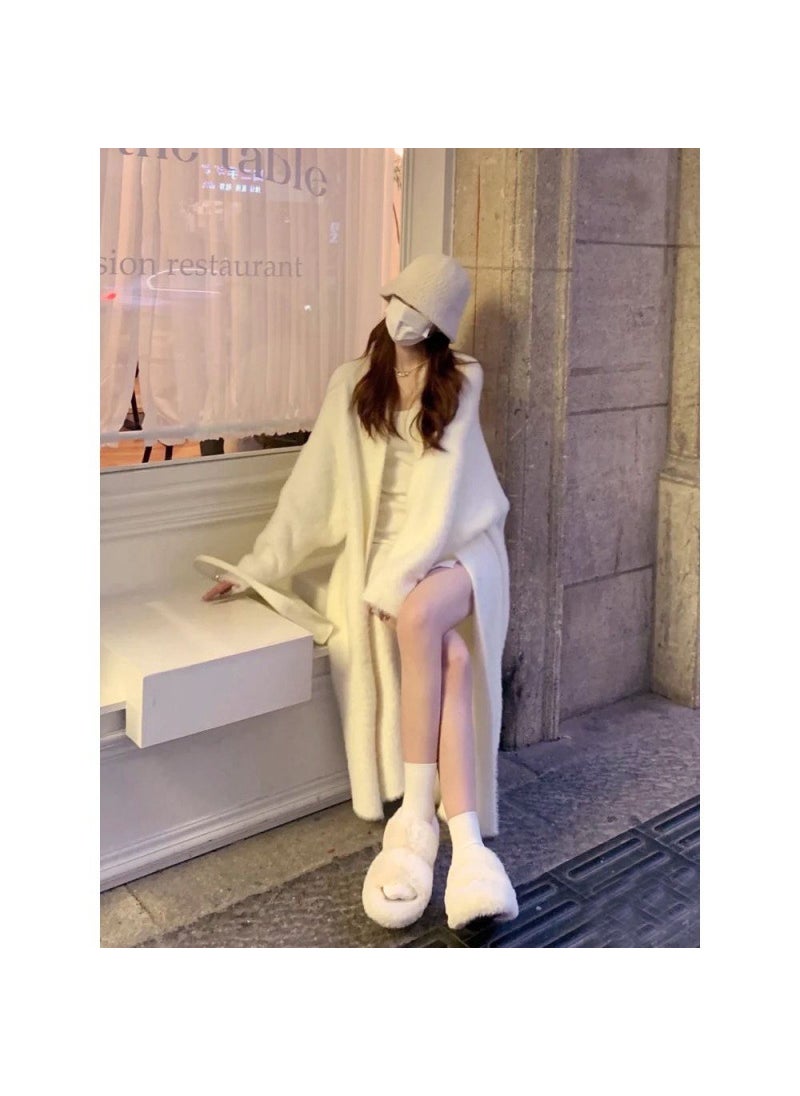 White Velvet Open Shirt Sweater Medium Length Loose Lazy Style Knitted Coat Women Autumn Winter Bathrobe Outerwear Large Clothes White/fabric