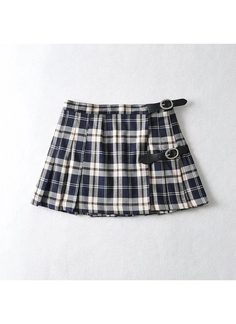 Grey V-Neck Sweater Pleated Skirt Set Blue (suit)