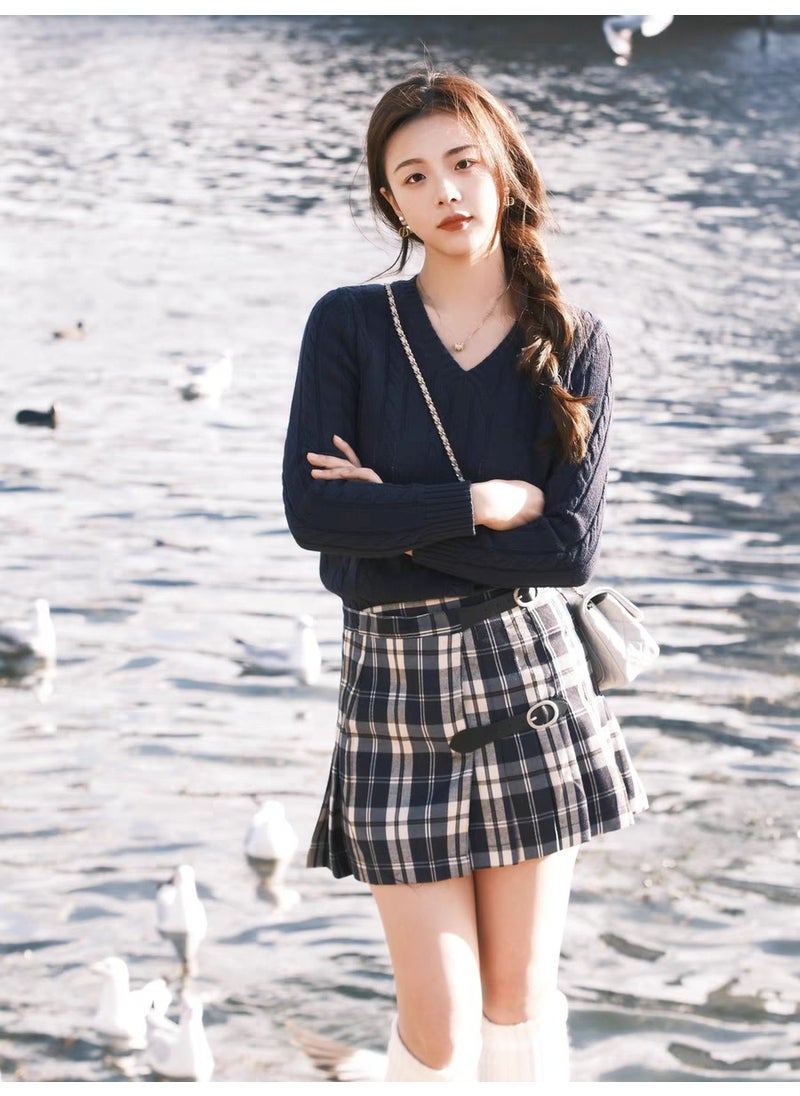 Grey V-Neck Sweater Pleated Skirt Set Blue (suit)