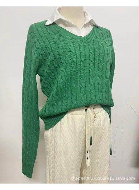 Grey V-Neck Sweater Pleated Skirt Set Green