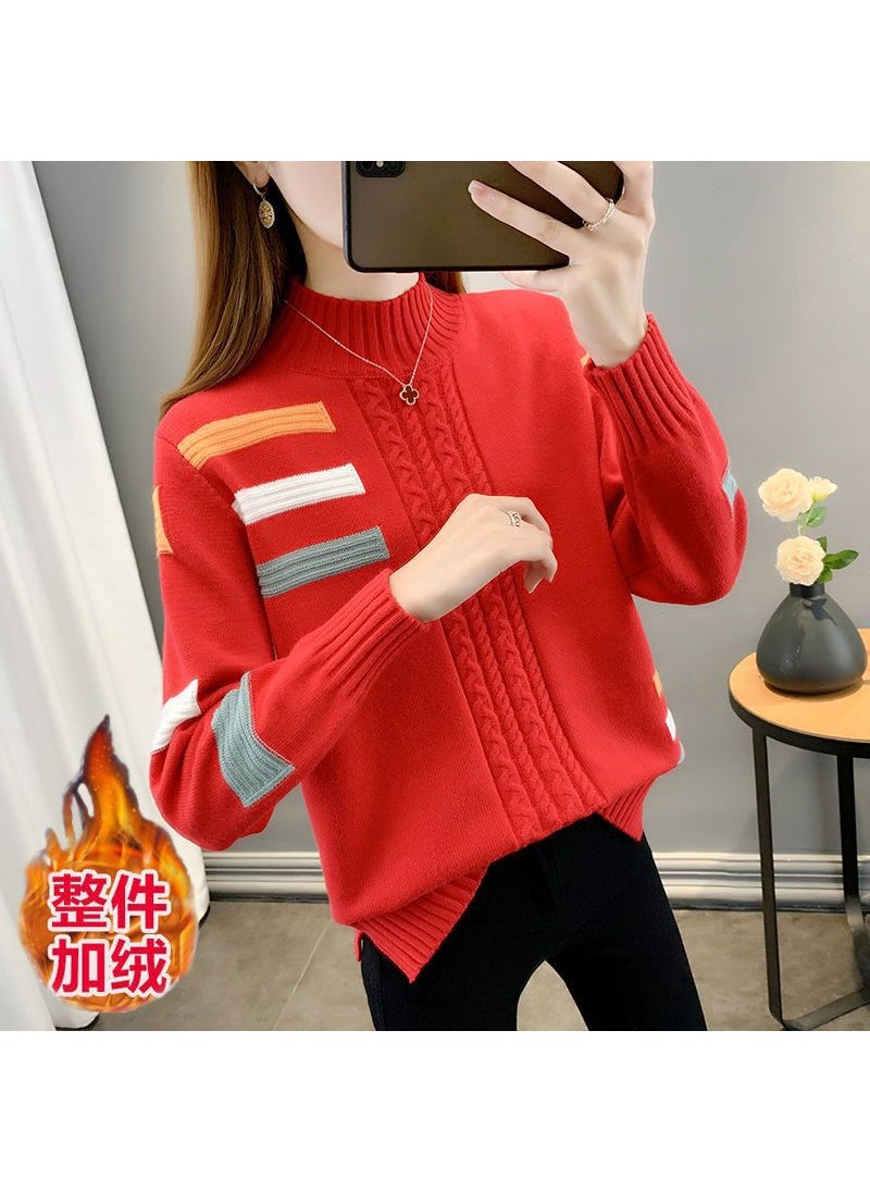 Womens Fleece Lined Thickened Half High Collar Sweater Loose Base Layer Shirt Autumn Winter Slimming Knitted Wear Inner Match Red (fleece-lined thickening)