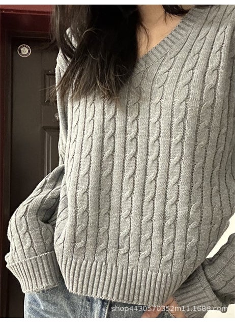 Grey V-Neck Sweater Pleated Skirt Set Gray