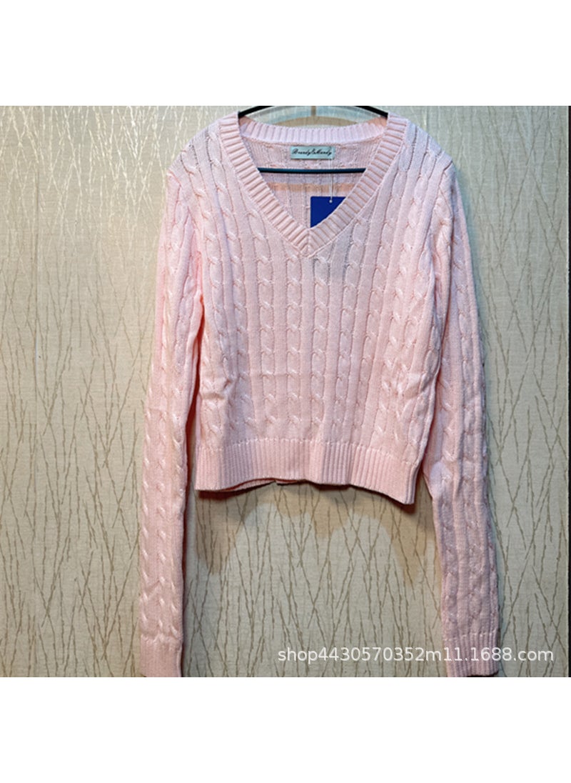 Grey V-Neck Sweater Pleated Skirt Set Pink
