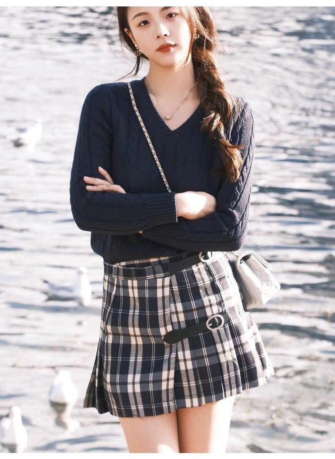 Grey V-Neck Sweater Pleated Skirt Set Pink