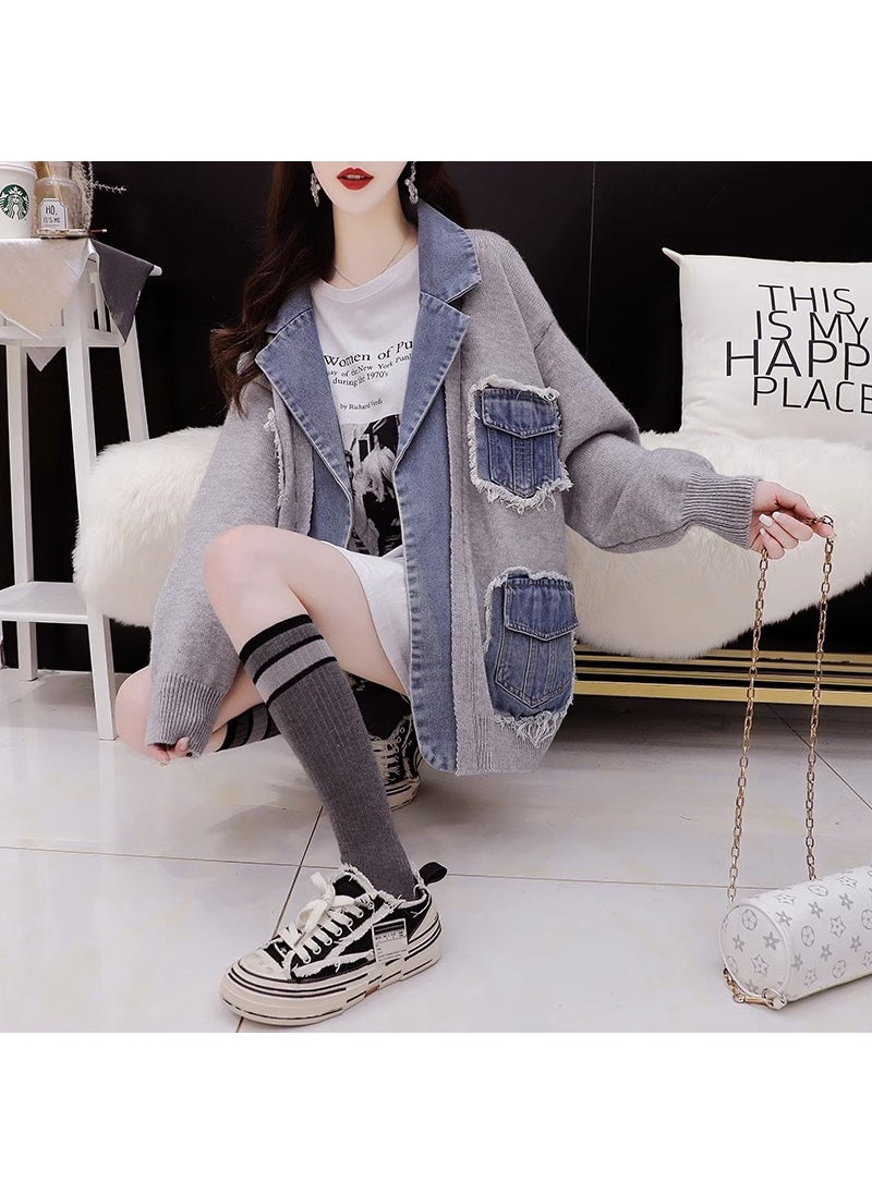 2024 New High-End Feeldenim Sweater Jacket Womens Design Sensibility Korean Style Loose-Fit Casual Age-Reducing Top Gray denim stitching two pieces