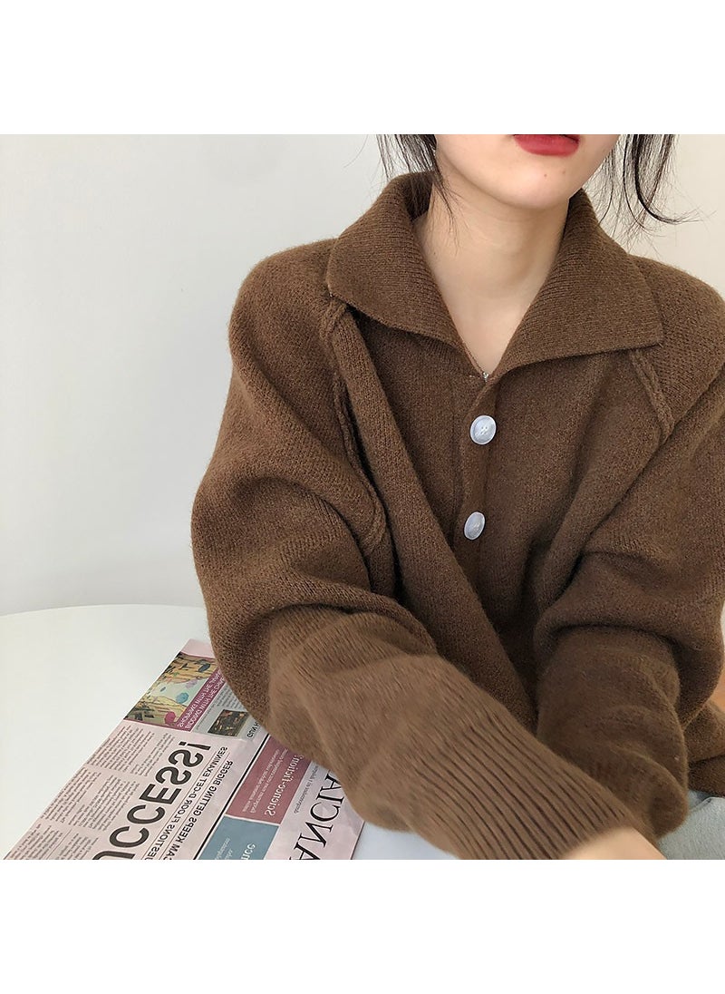 2024 New Idle Style Knitted Cardigan Womens Autumn/Winter Korean Vintage Loose-Fit Outerwear Sweater Jacket Coffee