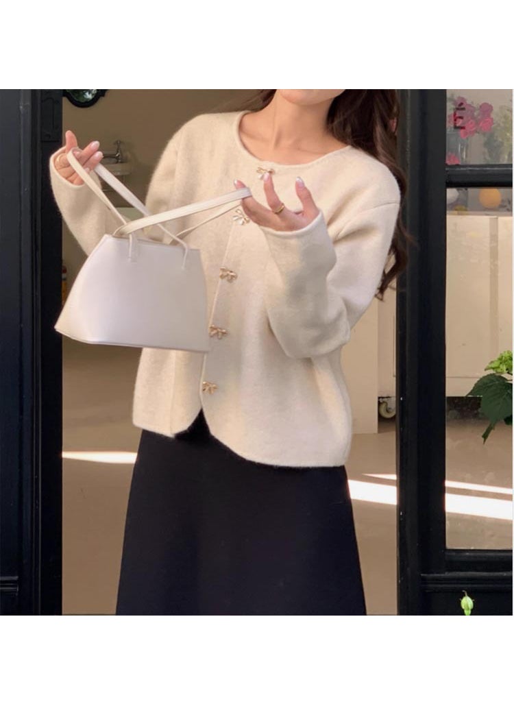 Elegant Tweed Style Cropped Knit Jacket For Women With Butterfly Buckle Khaki Sweater Cardigan Autumn/Winter 2024 New Arrival Flower card