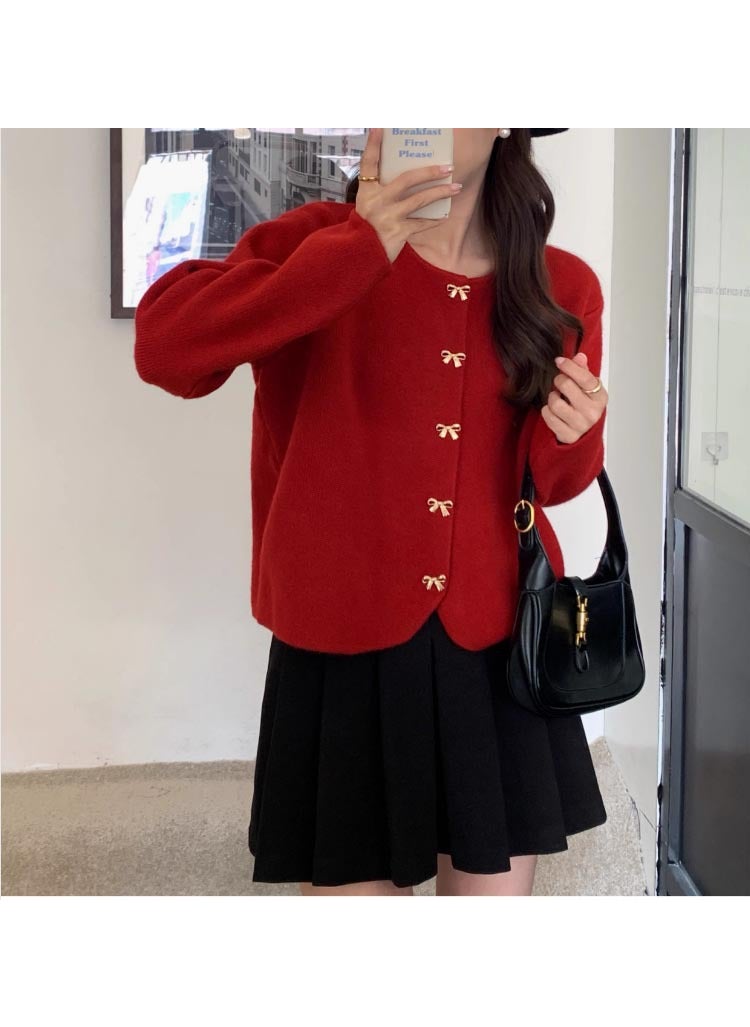 Elegant Tweed Style Cropped Knit Jacket For Women With Butterfly Buckle Khaki Sweater Cardigan Autumn/Winter 2024 New Arrival Red