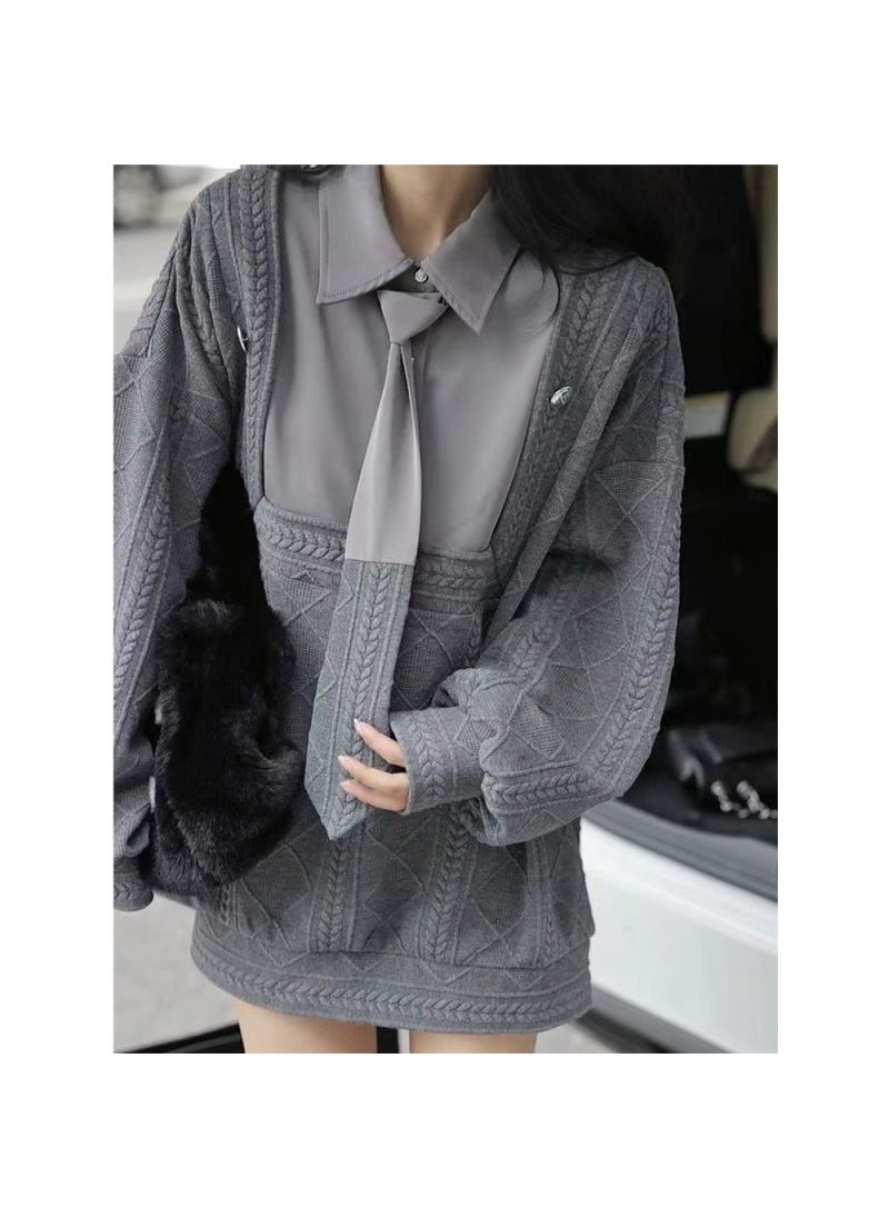 Fashionable Versatile Loose-fit Long Sleeve Polo Collar Sweatshirt Womens Medium-length Two-piece Illusion Shirt Outer Wear Gray
