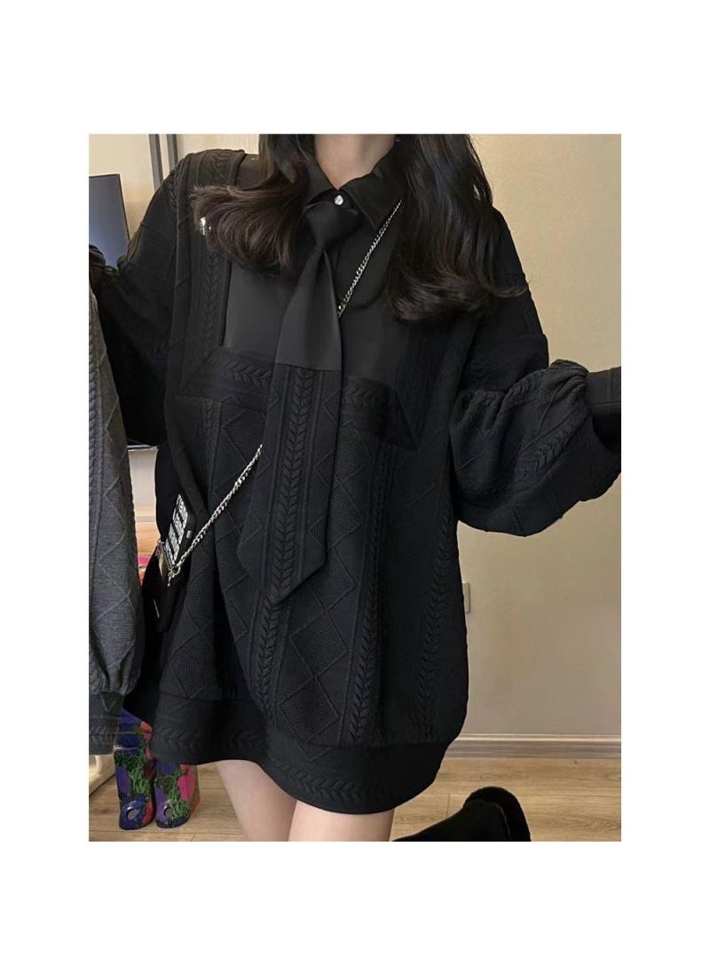 Fashionable Versatile Loose-fit Long Sleeve Polo Collar Sweatshirt Womens Medium-length Two-piece Illusion Shirt Outer Wear Black