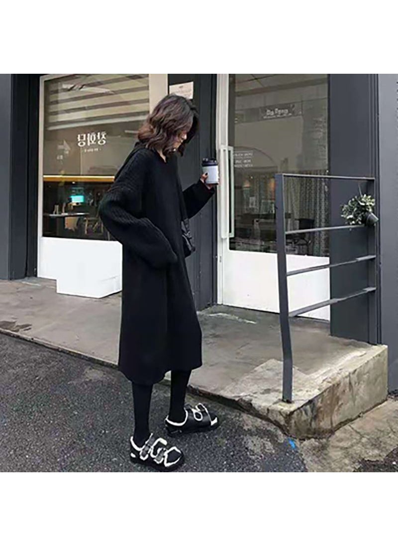 Thickened Hooded Sweater Dress Women Autumn Winter Loose Over-the-knee Casual Base Layer Knitted Long Dress Black
